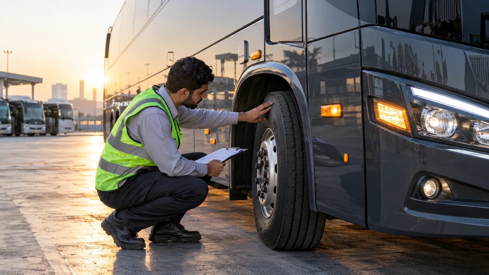 Driver checking a bus tire before a passenger run