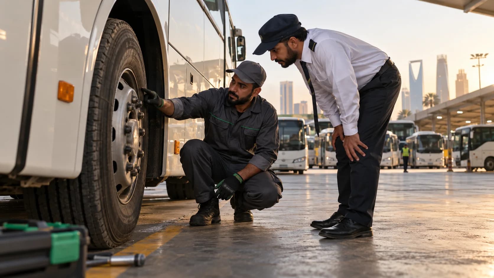 Bus driver and mechanic reviewing a tire defect