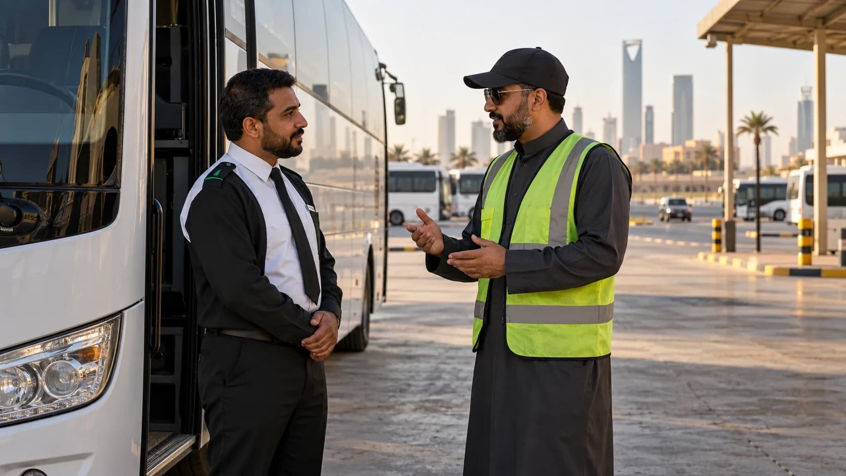 Safety coach discussing a trip event with a bus driver