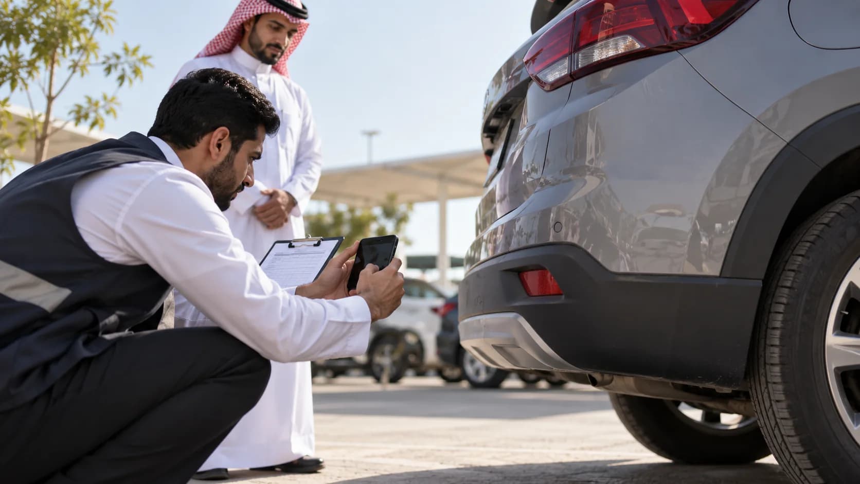 Rental employee photographing a vehicle bumper during return inspection