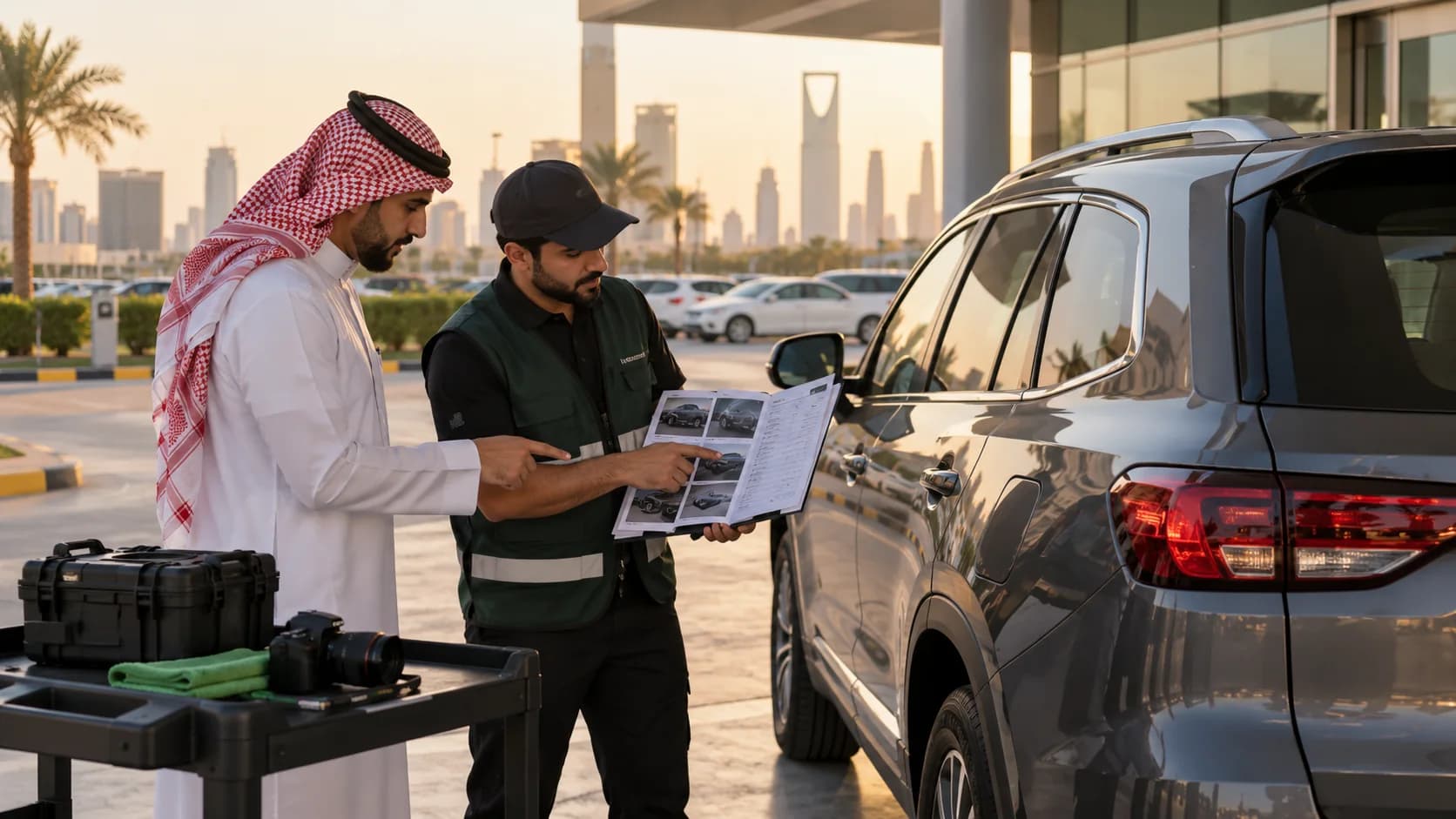 Rental employee and customer comparing vehicle condition photos