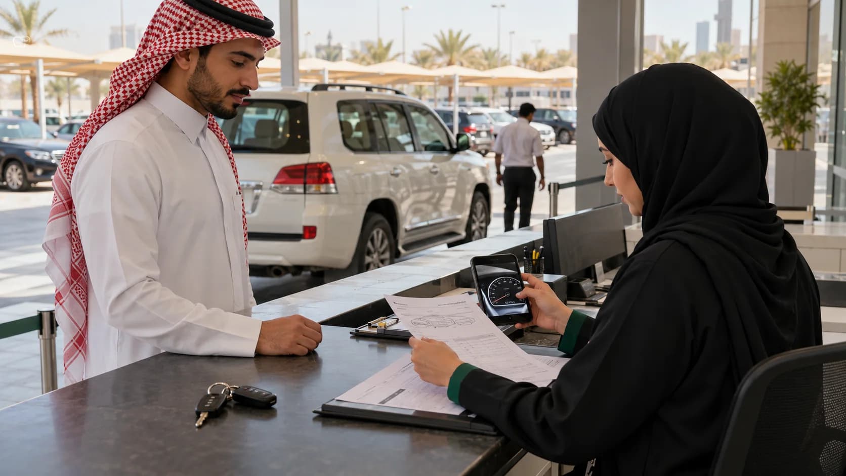 Rental clerk reviewing a return agreement at a Saudi branch
