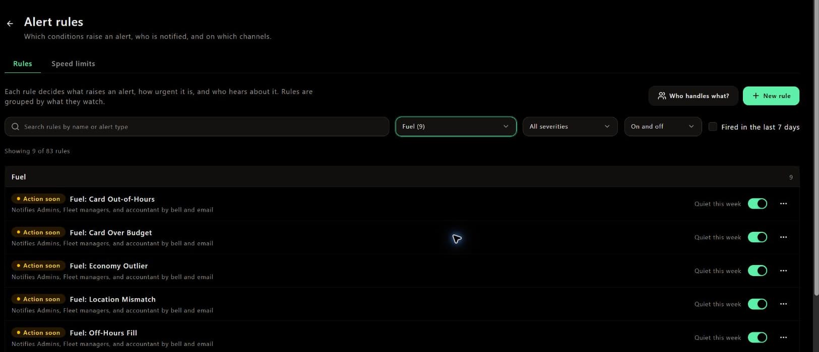 Fuel alert rule settings in a demo workspace, showing configurable fuel event conditions and recipients